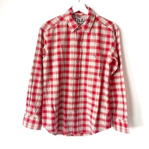 ARITZIA TNA 100% Cotton Button-Up Shirt Lightweight Long Sleeve Plaid Size XS